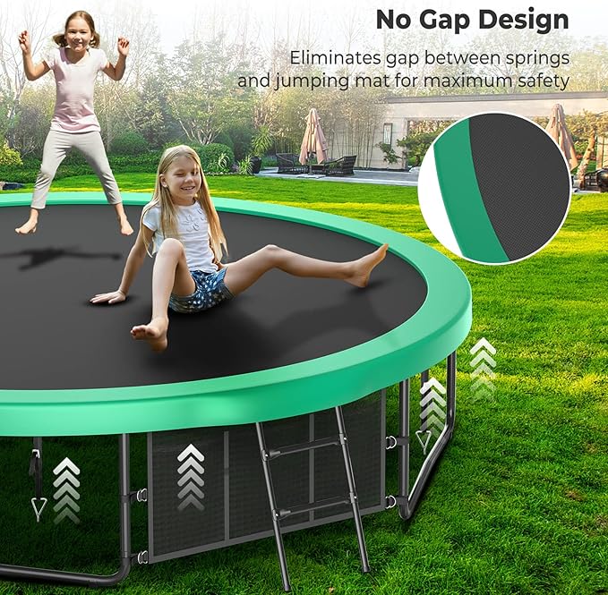 12 14 15 16FT Trampoline Outdoor with Basketball Hoop, Trampoline with Lights for Kids and Adults, Recreational Trampolin with Sprinkler, Stakes