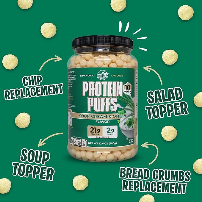 Twin Peaks Protein Puffs - (Sour Cream & Onion), Keto Friendly, Low Carb Snack (300g, 21g Protein, 2g Net Carbs, High Protein, Healthy Crunchy Snack)