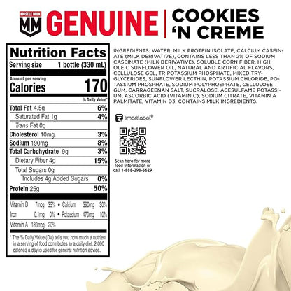 Muscle Milk Genuine Protein Shake, Cookies and Creme, 11.16 Fl Oz Bottle, 12 Pack, 25g Protein, Zero Sugar, Calcium, Vitamins A, C & D, 4g Fiber, Energizing Snack, Workout Recovery, Packaging May Vary