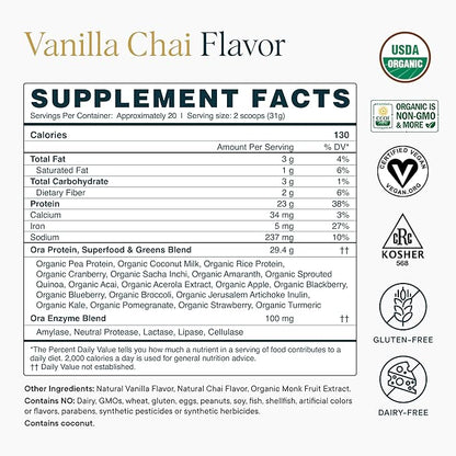 Ora Organic Vegan Protein Powder - 23g Plant-Based Protein Powder for Women and Men | Clean Protein Source, Keto Friendly, Gluten Free, Paleo, Dairy-Free, Soy-Free - Vanilla Chai - 20 Servings