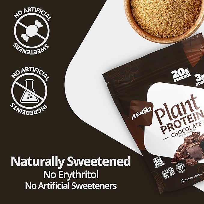 NuGo Plant Protein Powder, Chocolate, 20g Vegan Pea Protein, Low Sugar, Gluten Free, Dairy Free Ingredients, Soy Free, Non-GMO, Plant Based, Kosher, For Smoothies & Shakes, 25 Servings