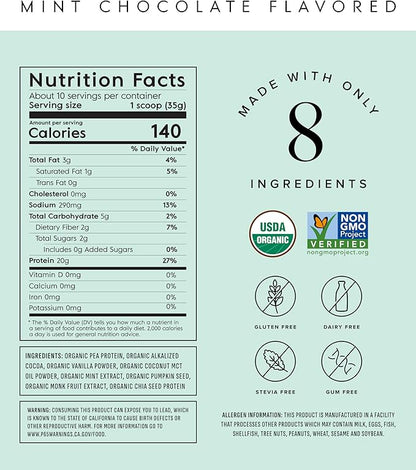 Truvani Vegan Pea Protein Powder | Mint Chocolate | 20g Organic Plant Based Protein Per Serving | 10 Servings | Keto | Gluten & Dairy Free | Low Carb | No Added Sugar