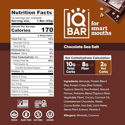 IQBAR Brain and Body Plant Protein Bars - Chocolate Sea Salt - 24-Count Low Carb - Gluten Free, High Fiber, Vegan Snacks - Low Sugar Meal Replacement