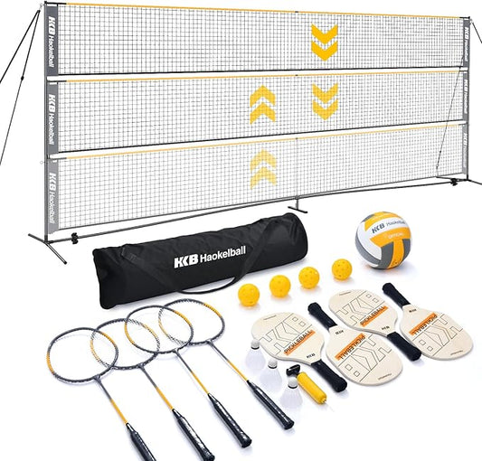 Haokelball Badminton Volleyball Pickleball Net Set, 22FT Portable All-in-One Nets System for