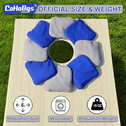 CoHoBgs Corn Hole Bags Set 8, Professional Cornhole Bags Dual-Sided Slick & Stick Resin Filled Suede and Duck Canvas Bean Bag for Cornhole Game Includes Carry Case