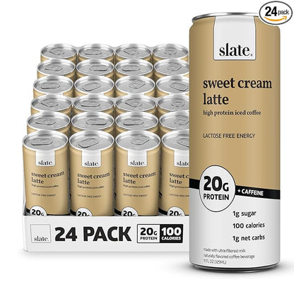 Slate Milk - High Protein Iced Coffee - Sweet Cream Latte - 175mg Caffeine, Lactose Free Energy - 20g Protein, 1g Sugar, 100 Calories, 1g Net Carbs, No Sugar Added - Protein Coffee - 11 fl oz, 24 Cans
