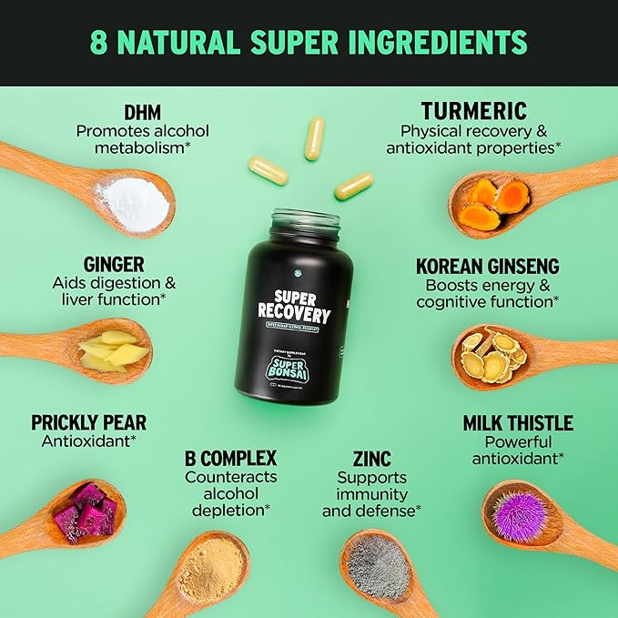 SuperBonsai Super Recovery Capsules for Post Celebration and Morning Relief - All Natural Holistic Support - 3 Capsules Taken Before Drinking and an Optional Serving After (28 Servings)