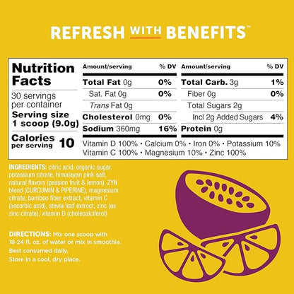 ZYN Electrolyte Hydration Drink Mix (30 Servings), Passionfruit Lemonade Electrolytes Powder, Hydrating Formula w/Turmeric Curcumin, Vitamin C & D, Zinc, Electrolyte Support Drink Mix