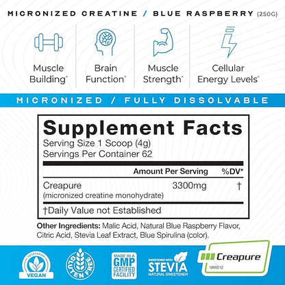 Muscle Feast Creapure - Micronized Creatine Monohydrate Powder | Premium Pre-Workout or Post-Workout | Creatine for Women & Men | Easy to Mix, Gluten-Free, Safe and Pure, (Blue Raspberry, 250g)