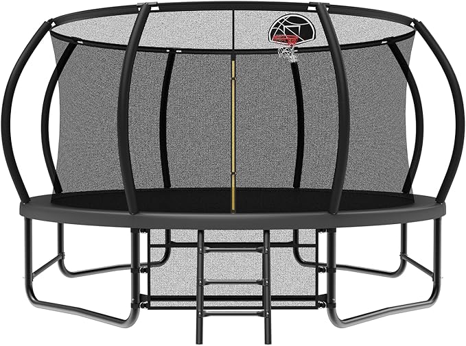 12 14 15 16FT Trampoline Outdoor with Basketball Hoop, Trampoline with Lights for Kids and Adults, Recreational Trampolin with Sprinkler, Stakes