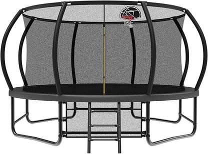 12 14 15 16FT Trampoline Outdoor with Basketball Hoop, Trampoline with Lights for Kids and Adults, Recreational Trampolin with Sprinkler, Stakes