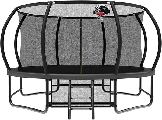 12 14 15 16FT Trampoline Outdoor with Basketball Hoop, Trampoline with Lights for Kids and Adults, Recreational Trampolin with Sprinkler, Stakes