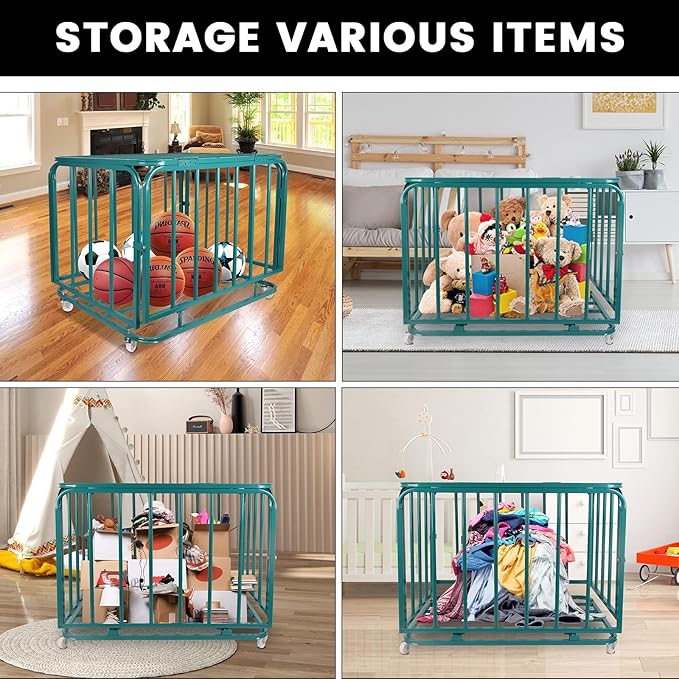 Sports Equipment Organizer Foldable Mental Sports Ball Storage Cart with Lid and Wheels Rolling Ball Cart for Gym, School, Indoor and Outdoor