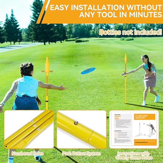 Super Stable Outdoor Flying Disc Game Set, Portable Fun Bottle Drop Yard Game for Family, Adult & Kids with Adjustable Heavy Duty Steel Pole, Durable Bag - Easy Set Up