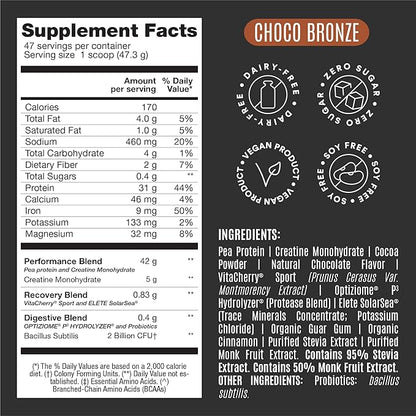 Falcon Performance Vegan Protein Powder, 31g Protein, 5g Creatine, 5g BCAA, Probiotics, Electrolytes, Pre Workout, Low Carb, Sugar Free & Dairy Free, Plant Based Chocolate Protein -47 servings