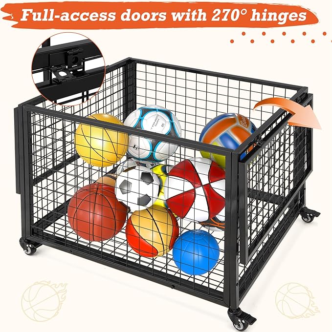 AECOJOY Ball Cart Storage, Rolling Basketball Bin with Wheels for Garage, School, Gym, Sports Equipment and Toy Organizer, Indoor & Outdoor