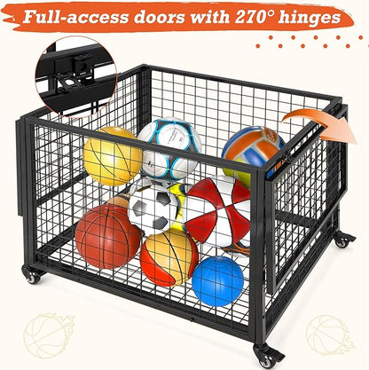 AECOJOY Ball Cart Storage, Rolling Basketball Bin with Wheels for Garage, School, Gym, Sports Equipment and Toy Organizer, Indoor & Outdoor