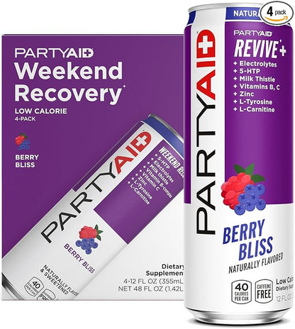 PARTYAID Rehab Blend, Feel Good Tonight and Tomorrow, Contains 5-HTP, B-Complex, Milk Thistle, Electrolytes, No Artificial Flavors or Sweeteners, Caffeine-Free, 12 Fl Oz (Pack of 4)