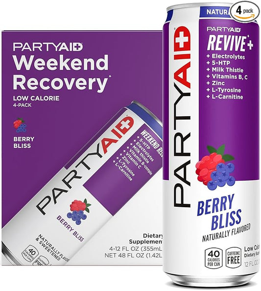 PARTYAID Rehab Blend, Feel Good Tonight and Tomorrow, Contains 5-HTP, B-Complex, Milk Thistle, Electrolytes, No Artificial Flavors or Sweeteners, Caffeine-Free, 12 Fl Oz (Pack of 4)