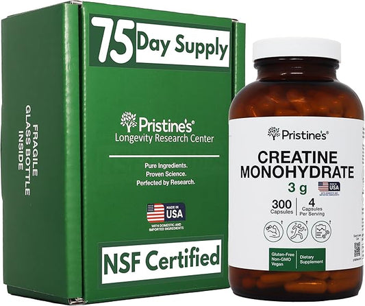 PRISTINE'S Creatine Monohydrate Capsules for Women & Men - NSF Certified 75 Day Supply 3G Muscle Growth Support Supplement - Cognitive & Athletic Performance Support - Enhanced Recovery
