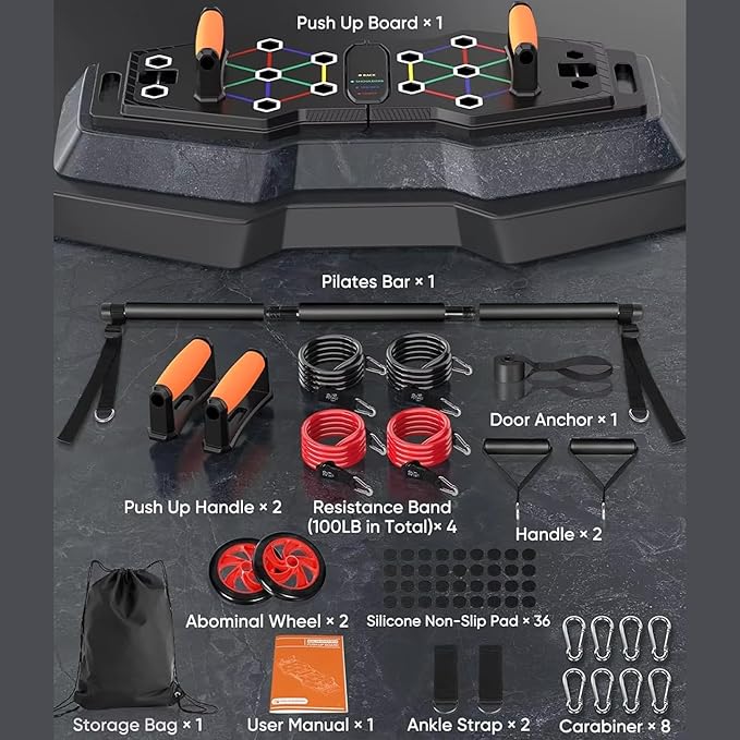 Push Up Board, Portable 25-In-1 Push up Board for Men, | Pilates Bar & Fitness Accessories with Resistance Bands & Ab Roller Wheel, Professional Strength Training Equipment For Man and Women