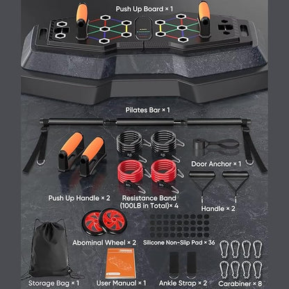 Push Up Board, Portable 25-In-1 Push up Board for Men, | Pilates Bar & Fitness Accessories with Resistance Bands & Ab Roller Wheel, Professional Strength Training Equipment For Man and Women