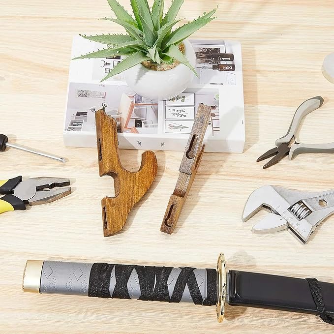 Chunful 2 Pcs Sword Wall Mount Sword Holder Katana Stand 1 Tier Katana Wall Mount Adjustable Hanger Display Wooden Samurai Mounts for Wall Weapon Hanger for Samurai (Brown)