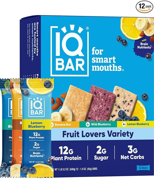 IQBAR Brain and Body Plant Protein Bars - Fruit Lovers Variety - 12-Count Low Carb - Gluten Free