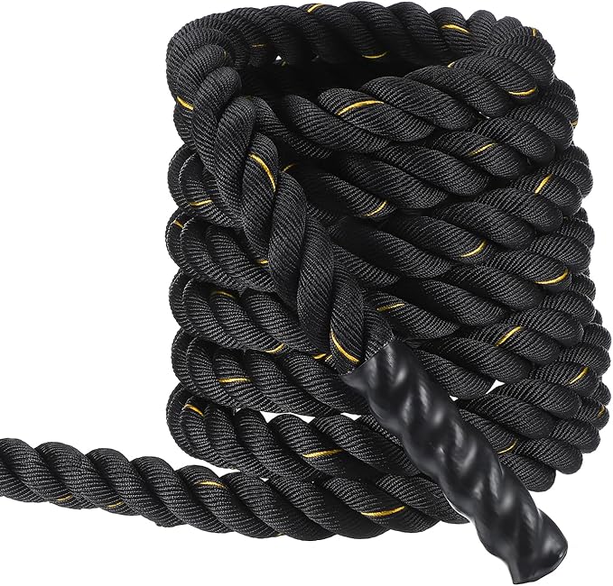 MECCANIXITY Battle Rope 30ft x 2 Inch Polyester Workout Rope Heavy Fitness Exercise Rope for Strength Training Home Gym Muscle Building, Black Yellow