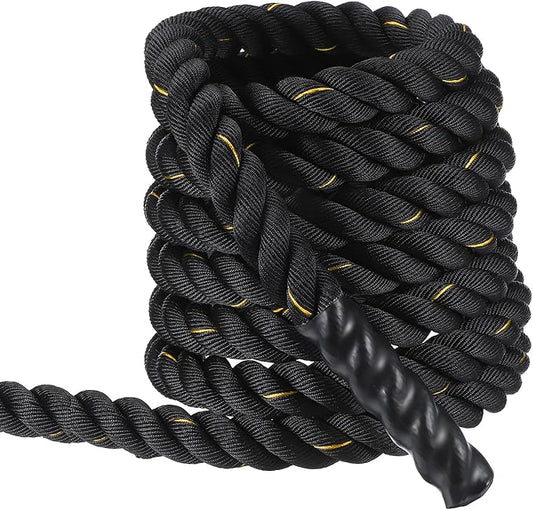 MECCANIXITY Battle Rope 30ft x 2 Inch Polyester Workout Rope Heavy Fitness Exercise Rope for Strength Training Home Gym Muscle Building, Black Yellow