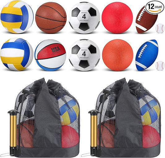 Deekin 12 Pcs Assorted Sport Ball Set Official Size Basketball, Football, Volleyball, Soccer