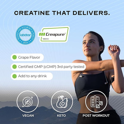 Muscle Feast Creapure Creatine Monohydrate Powder, Vegan Keto Friendly Gluten-Free Easy to Mix, Muscle Recovery Supplement, Trusted Creatine for Muscle Growth, Flavored Creatine, Natural Grape, 300g