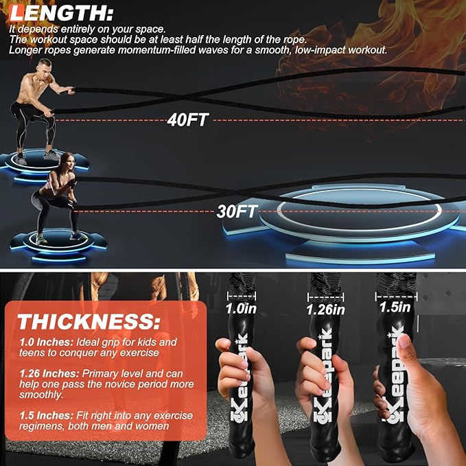 Battle Ropes for Home Gym, Exercise Rope 1.26/1.5inch, 30 40FT Heavy Battle Rope Weighted Battle Rope Training Heavy Rope for Workout Exercise