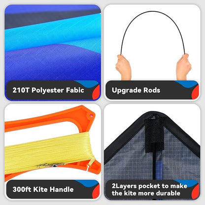 Blue Delta Kite Easy to Fly,Beach Trip Outdoor Games Single Line String with Tail,Easy Flying Colorful Life 3D Delta Huge Kite for Kid and Adult