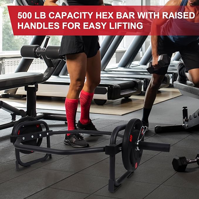 Olympic 2-Inch Hex Weight Lifting Trap Bar for Strength Training, 500-Pound Capacity, Safety Clips, Home Gym for Shoulder Presses, Shrugs, Back Rows