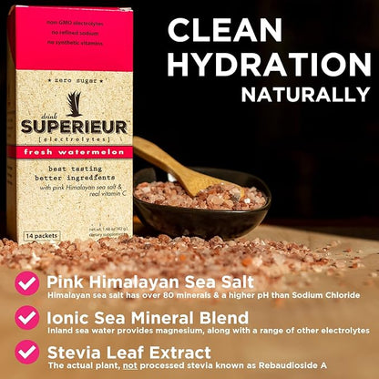 Superieur Electrolyte Powder Packets - Vegan Electrolyte Hydration Powder w/Sea Minerals - Keto Friendly, Non-GMO, Zero Sugar Electrolyte Supplement - Healthy Sports Drink - Watermelon (14 Packets)