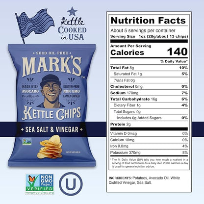 MARK’S Kettle Cooked Avocado Oil Potato Chips, Sea Salt & Vinegar – Seed Oil & GMO Free | Sea Salt and Vinegar, 5 oz (Pack of 3) | Gluten Free, Non-GMO, Chips for Clean & Healthy Snacking