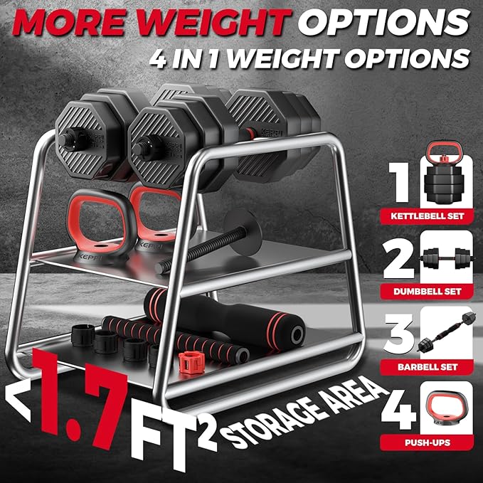 KeppiFitness Adjustable Dumbbell Set, 30/40/50/70/90 lb Weight Set with Connector Bar, 4 in 1 Workout Gear with Dumbbell, Kettlebell, Barbell, Push up Handle for Home Gym Fitness Exercise