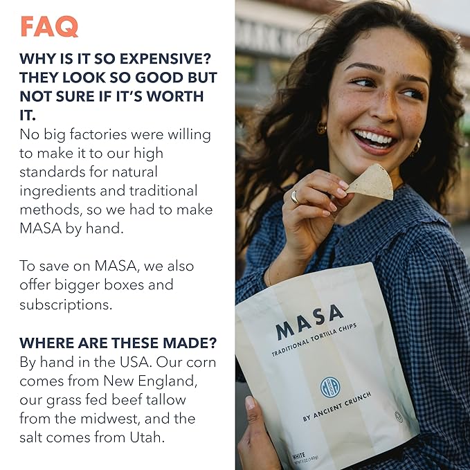 MASA Tortilla Chips Snack Pack - Seed Oil Free Snacks, Organic Chips Tortilla - Gluten & Dairy Free, Naturally Grown Corn Chip - Made with Grass Fed Tallow & Sea Salt (2 Pack, 5oz Each - White Corn)