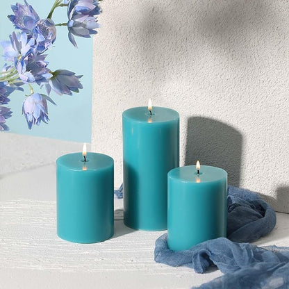 3x4 Inch Blue Pillar Candles Set of 3 - Decorative Unscented Pillar Candles, Long Burning Dripless Candles for Home Table Decor, Smokeless Large Pillar Candle, Wedding, Dinner, Rustic, Christmas Decor