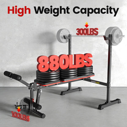 Weight Bench Set, 880LBS Adjustable Bench Press Set with Leg Extension and Barbell Rack, Safety Bar