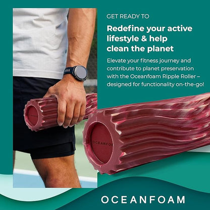 Oceanfoam Ripple Travel Foam Roller (11" x 3.35") Firm Mini Foam Roller for Physical Therapy, Deep Tissue Massage, Back Pain - High Density, Wave Textured - Yoga (Maroon, Blush & Hot Pink Marbled)