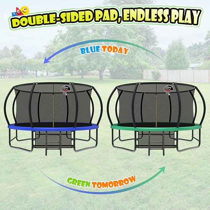 12 14 15 16FT Trampoline Outdoor with Basketball Hoop, Trampoline with Lights for Kids and Adults, Recreational Trampolin with Sprinkler, Stakes
