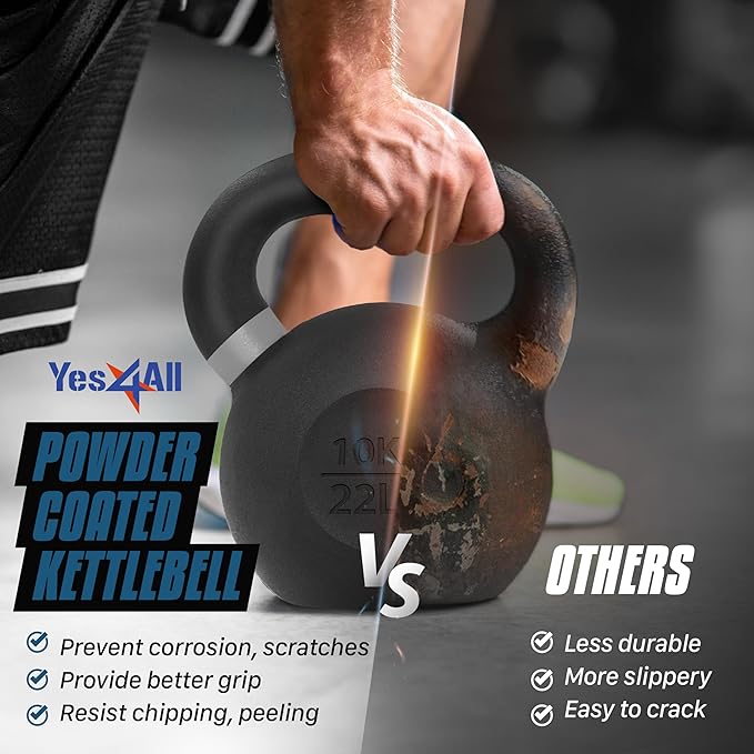 Yes4All Kettlebell, Heavy Duty Powder Coated Cast Iron Kettlebells, Non-Slip Handle & Flat Bottom for Conditioning, Strength Training & Full Body Exercises at Home Gym - Single & Pair