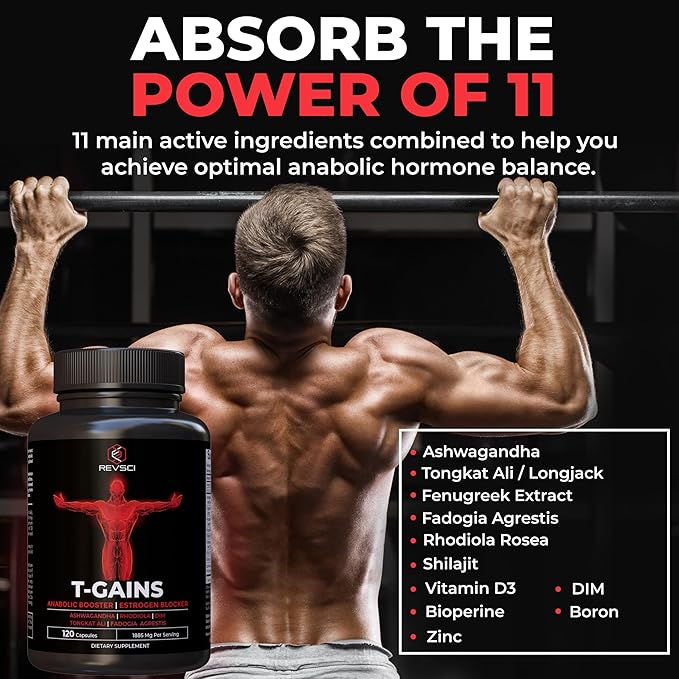Anabolic Booster & Muscle Builder, T-GAINS Testosterone Supplement for Men, TRT Test Booster & Estrogen Blocker, HGH Supplements for Men - Tongkat Ali Fadogia Agrestis for Muscle Growth, 120 Caps