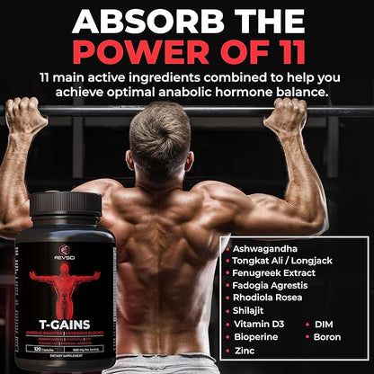 Anabolic Booster & Muscle Builder, T-GAINS Testosterone Supplement for Men, TRT Test Booster & Estrogen Blocker, HGH Supplements for Men - Tongkat Ali Fadogia Agrestis for Muscle Growth, 120 Caps