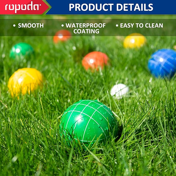 ropoda 107mm Bocce Ball Set Regulation Size and Weight with 8 Resin Bocce Balls, Resin Bocci Balls for Professional Tournament Competition, 60mm Pallino, Nine-Grid Shockproof Carrying Bag(2-8 Players)