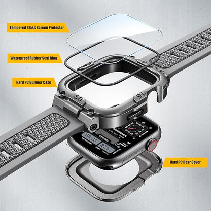 Dsytom Waterproof Case with Band Compatible for Apple Watch Band 46mm 45mm 44mm 42mm(S11/10) 41mm 40mm for Men,Rugged Smartwatch Strap with Built-in Tempered Glass Screen Protector for iWatch Series 11/10/9/8/7/6/5/4/SE