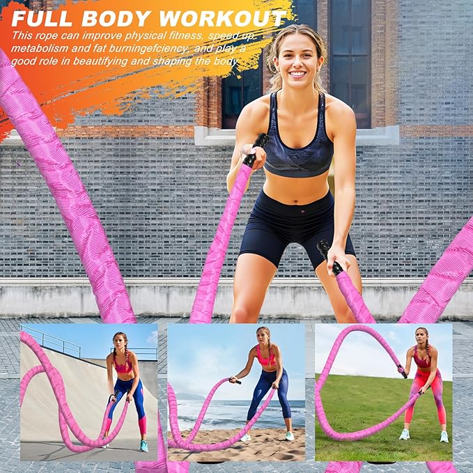 Battle Ropes for Home Gym,1.26inch 30ft Long Pink Battle Ropes with Protective Cover - Workout Equipment Heavy Exercise Rope for Strength Training for Kids or Adults