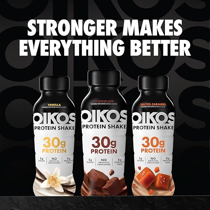 Oikos Protein Shake, Chocolate, 30g High Protein Drinks, Shelf Stable, Ready to Drink, 5g Prebiotic Fiber, 12 fl oz Bottle, 12 Count